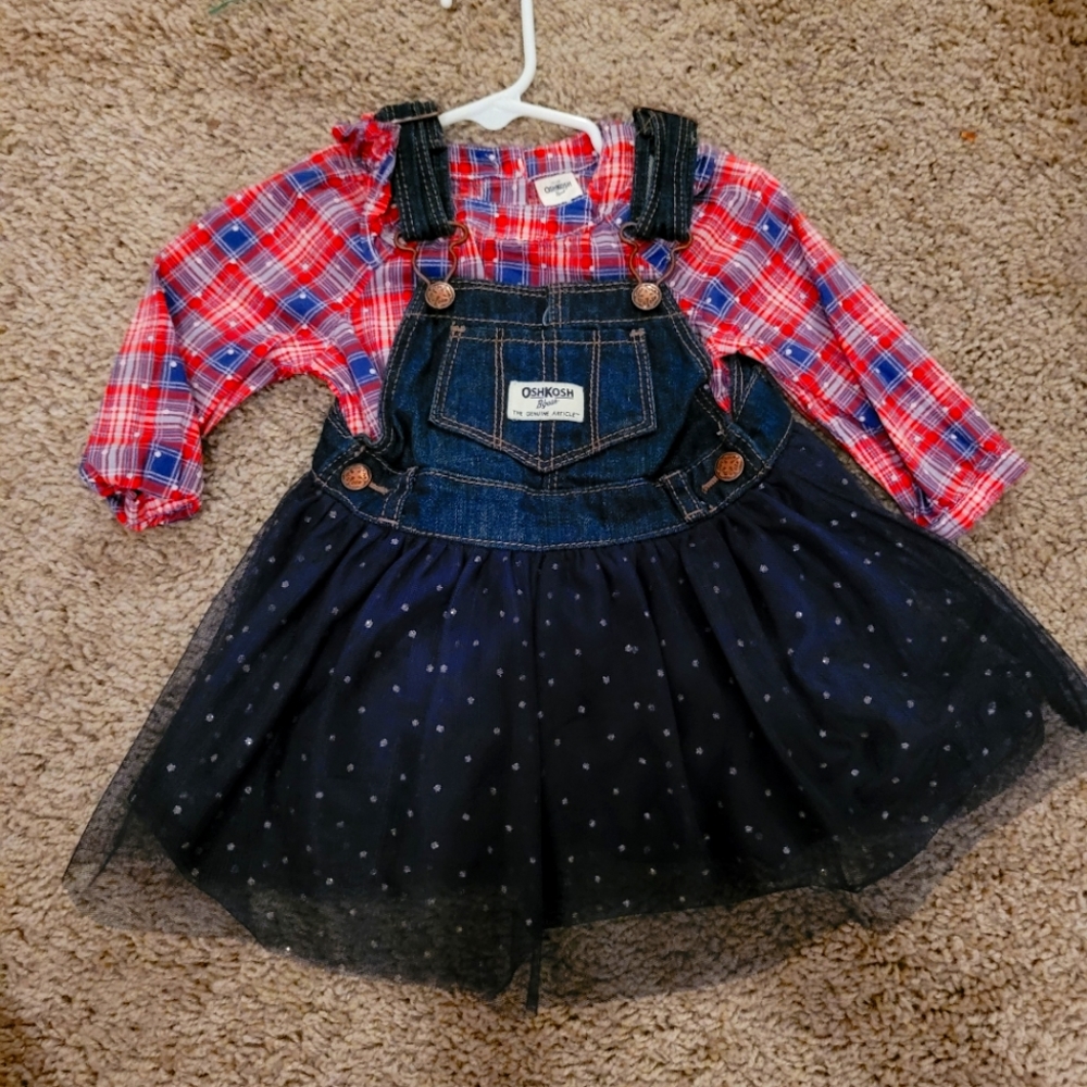 Osh Kosh jean tutu dress and plaid onesie